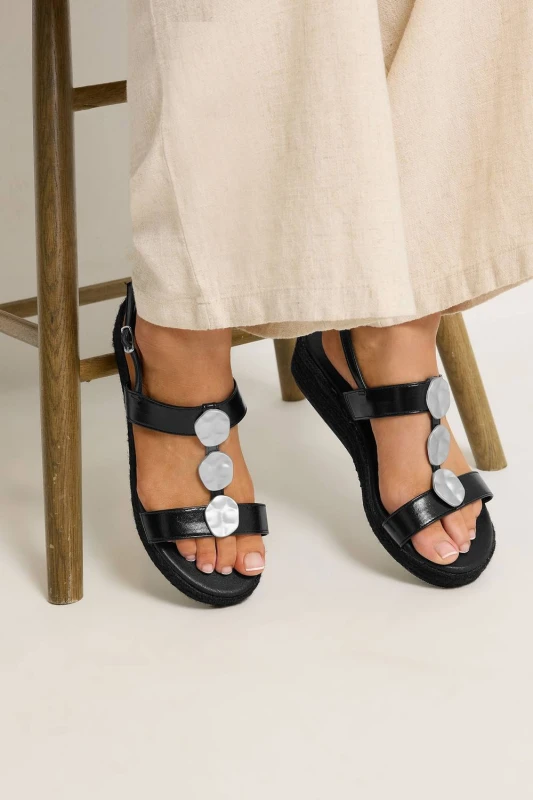 Image of Yours Womens Hammered Disk Wedge Sandals In Wide E Fit in Black Size: 5E Black Female 5E
