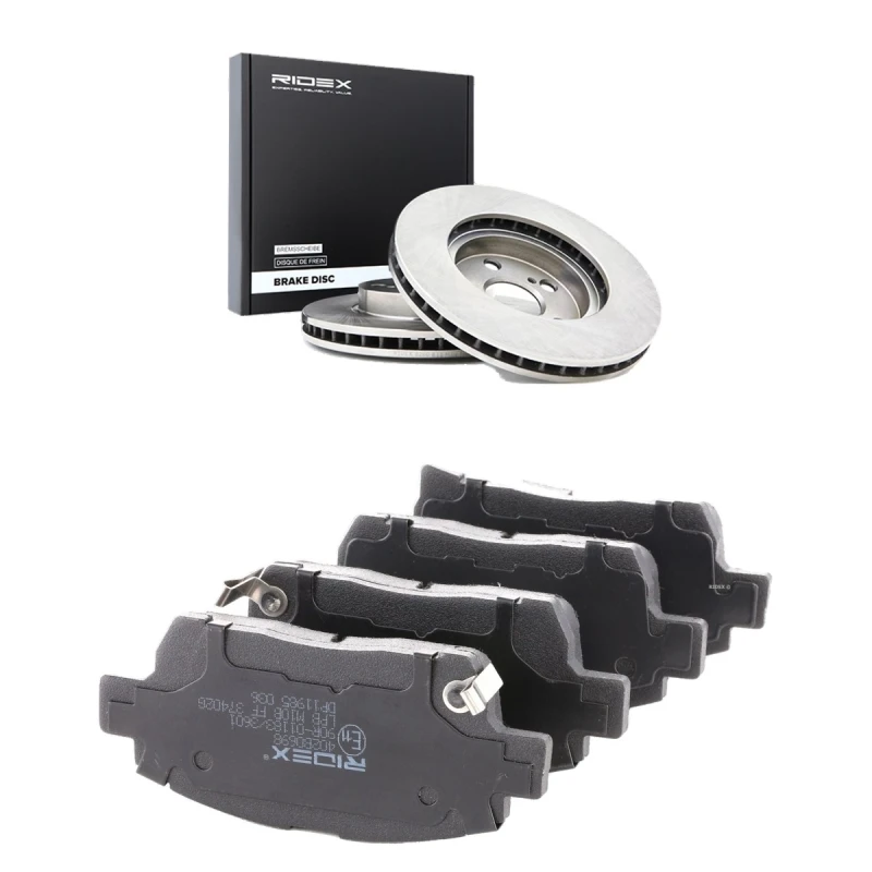 Image of RIDEX 3405B2689 Brake disc and pads set Front Axle, Brake Disc Type: internally vented, with acoustic wear warning Brake Set,disc brakes (3405)