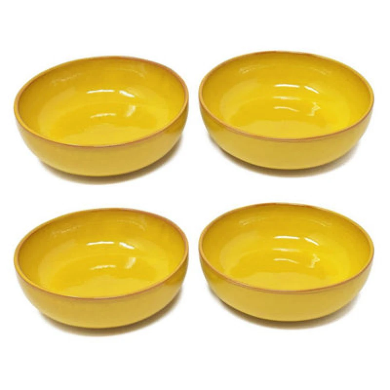 Image of Verano Spanish Ceramics Selena Glazed Hand Dipped Kitchen Dining Set Of 4 Shallow Bowls Yellow (Diam) 14Cm