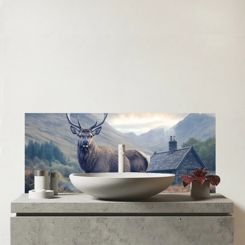 Image of Warren Reed - Designer Highland Stag By The Cottage Glass Bathroom Splashback Multicolor Unisex