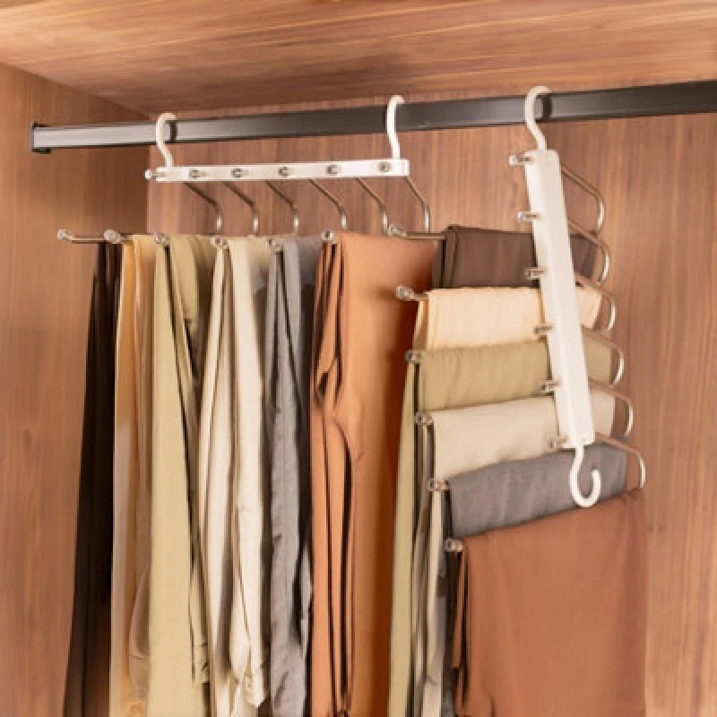 Image of Harbour Housewares Space-Saving Trouser Hangers - 6-In-1 - Pack Of 2 - Plastic Trouser Skirt Shorts Clothes Hanger