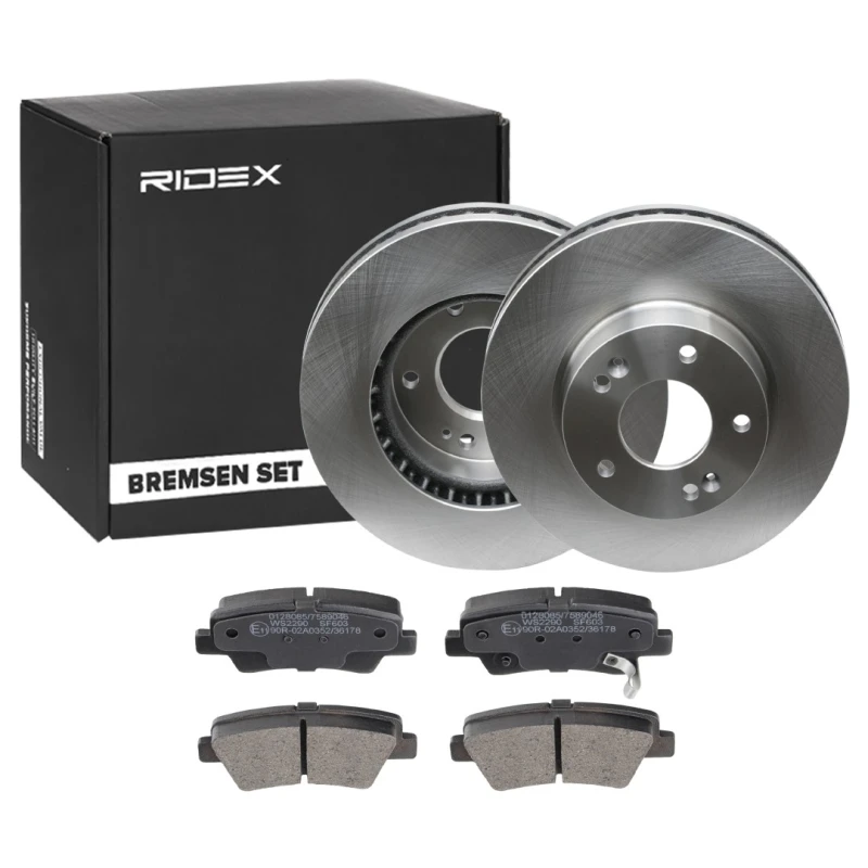 Image of RIDEX 3405B1493 Brake disc and pads set with accessories, Front Axle, Brake Disc Type: Vented, with acoustic wear warning, with anti-squeak plate Bra