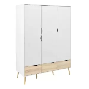 image of Oslo Wardrobe 3 Doors 3 Drawers In White And Oak Effect