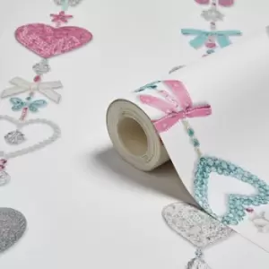 Tiffany White Hearts & Bows Glitter Effect Wallpaper