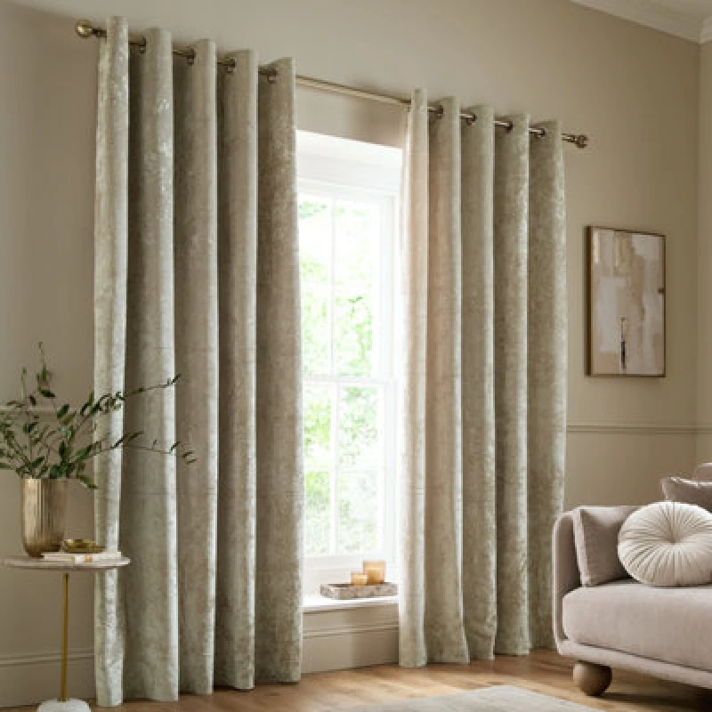 Image of Catherine Lansfield Crushed Velvet 46X72 Inch Lined Eyelet Curtains Two Panels Natural