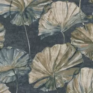 Image of Grandeco Boutique Collection Water Lily Embossed Wallpaper, Navy Teal