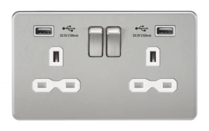 image of KnightsBridge 13A 2G Screwless Brushed Chrome 2G Switched Socket with Dual 5V USB Charger Ports - White Insert