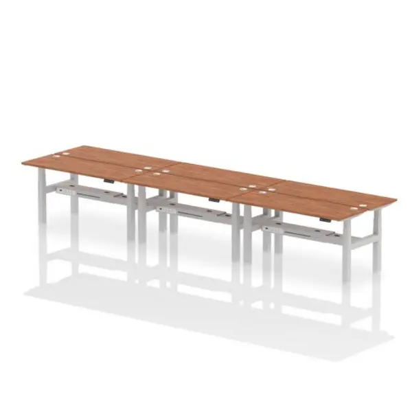 Image of Air Air Back-to-Back 1600 x 600mm Height Adjustable 6 Person Bench Desk Walnut Top with Cable Ports Silver Frame HASCP6P16600WNTS