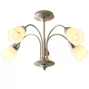 image of Semi Flush Ceiling Light Chrome & Opal 5 Bulb Shade Chandelier Dimmable Pendant