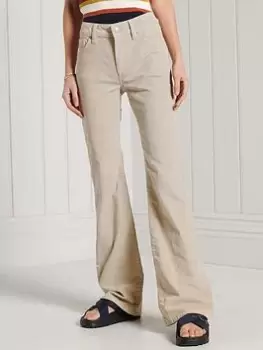 Image of Superdry Mid Rise Slim Cord Flares - Beige, Beige, Size 28, Inside Leg 31, Women