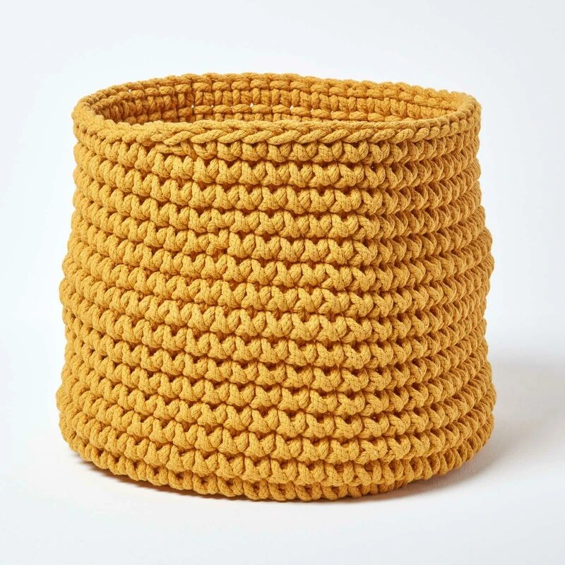 Image of Homescapes Cotton Knitted Round Storage Basket, 42 x 37cm Yellow