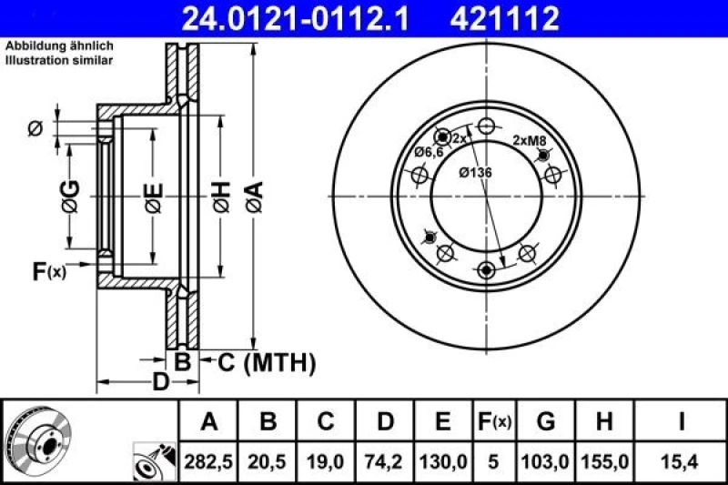 Image of ATE 24.0121-0112.1 Brake disc Vented, Coated, Alloyed/High-carbon Brake Disc (82)