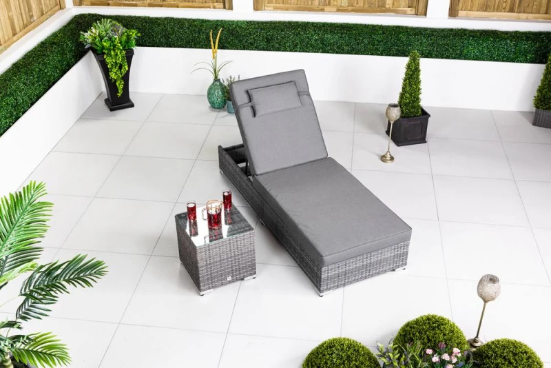 Image of Thats Furniture Rattan Sun Lounger & Table Set Sun bed 6 Recline Positions + Cover in Grey Grey Unisex