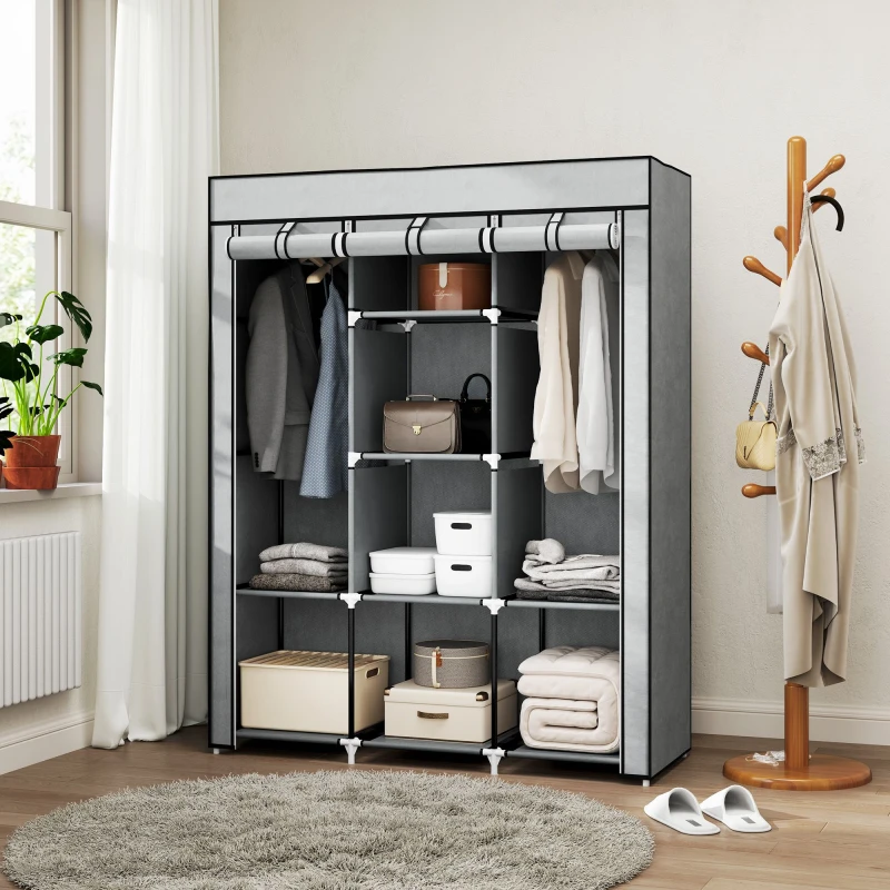 Image of HOMCOM HOMCOM Fabric Wardrobe Portable Clothes Cabinet with 2 Hanging Rails in Light Grey Light Grey One Size Unisex 5063603020115