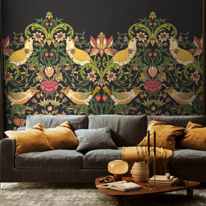 Image of Origin Murals Birds, Fruit And Foliage - Black And Olive Matt Smooth Paste The Wall Mural 300Cm Wide X 240Cm High