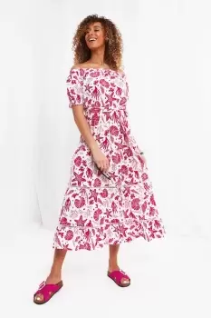 image of Seaside Print Puff Sleeve Tiered Skirt Midi Dress