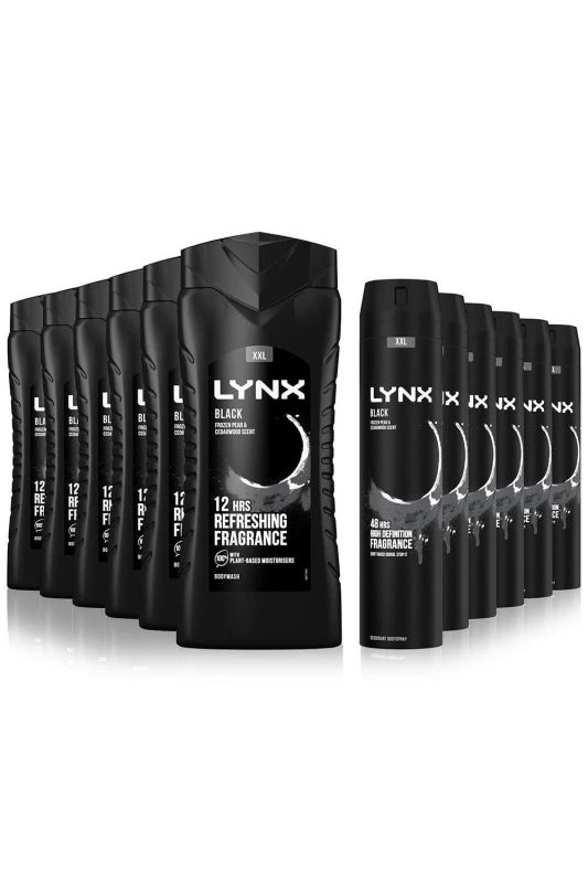 Image of Lynx Mens Black Shower Gel 500ml 6 Pack with Body Spray 250ml 6 Pack Black Male