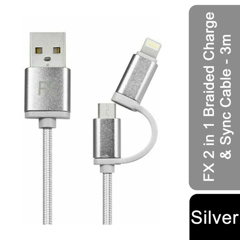 Image of Fx 2 In 1 Braided Charge & Sync Cable - 3M : Silver