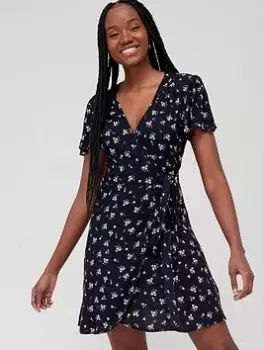 Image of Superdry Vintage Mini Wrap Dress -navy Floral, Blue, Size 10, Women