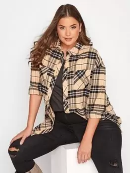 Image of Yours Brushed Oversized Boyfriend Check Shirt. Natural, Natural, Size 16, Women
