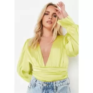 image of Missguided Plunge Long Sleeve Bodysuit Satin - Green