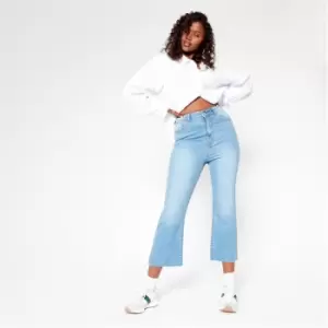 Image of I Saw It First Cropped Flared Frayed Hem Jeans - Blue