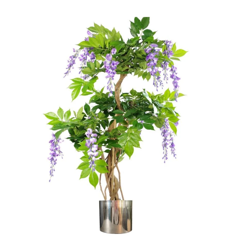 Image of Leaf 110cm Artificial Purple Blossom Tree with Silver Metal Planter Green