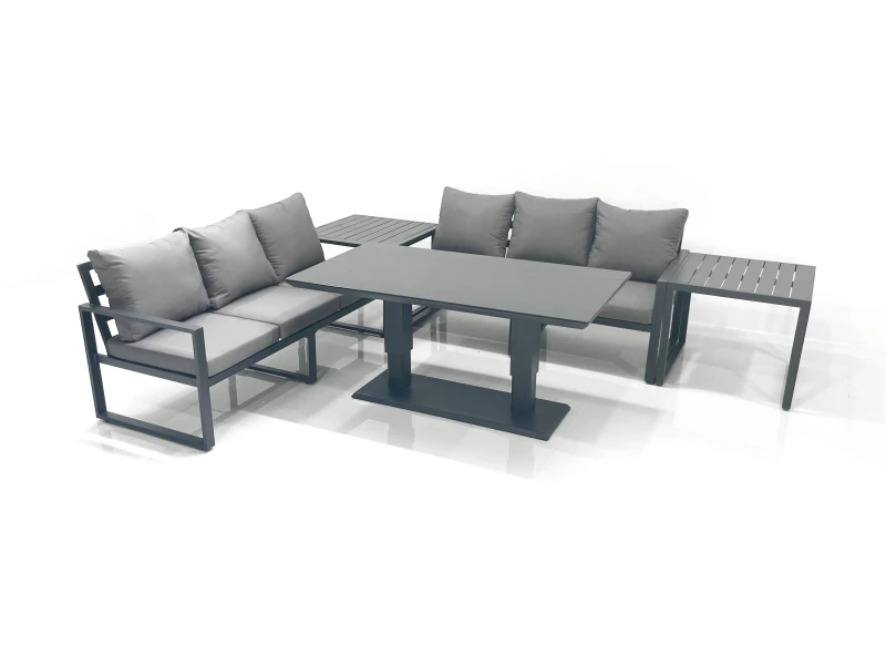 Image of Fimous 6 Seater Aluminium Outdoor Garden Furniture Set with Adjustable Rising Lifting Dining Table 3 Seater Sofa 2 Side Tables Dark Grey Dark Grey Uni