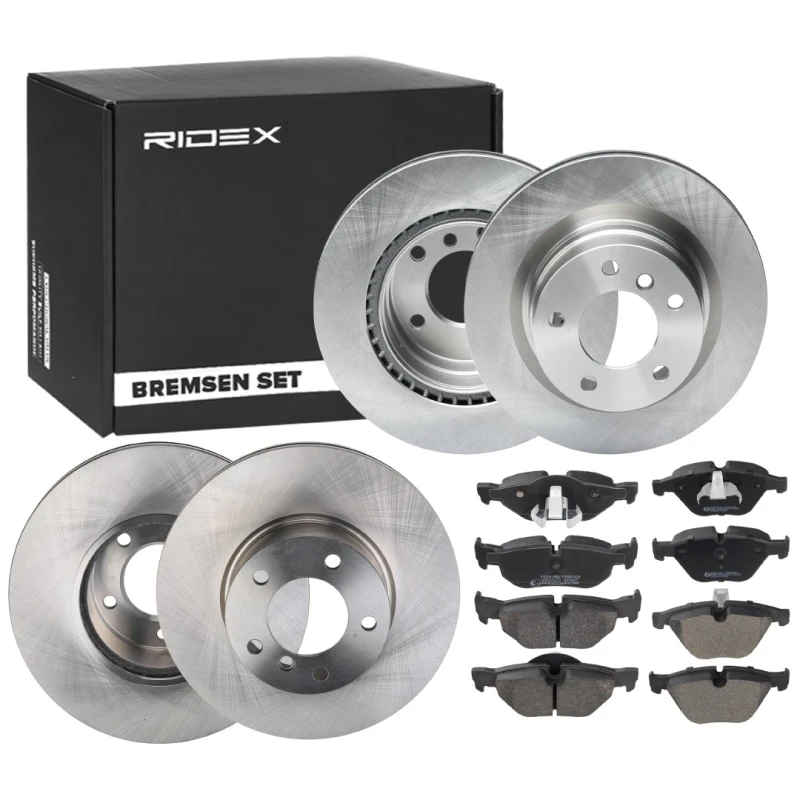 Image of RIDEX 3405B1713 Brake disc and pads set Front Axle, Brake Disc Type: internally vented, prepared for wear warning indicator, with piston clip Brake S