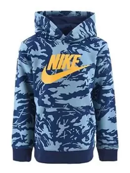 image of Nike Kids Boys AOP Club Camo Overhead Hoody, Dark Blue, Size 2-3 Years