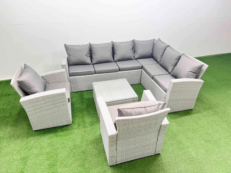 Image of Fimous Rattan Garden Outdoor Furniture Set 8 Seater Rattan Garden Sofa Sets in Light Grey Light Grey Unisex