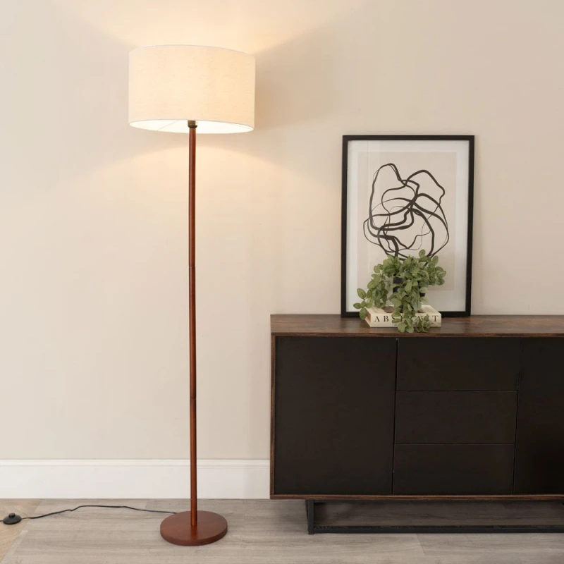 Image of ValueLights Heather Dark Wood Single Stem Floor Lamp with Natural Fabric Drum Lamp Shade White