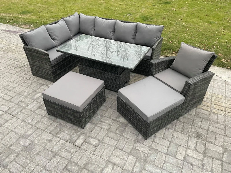 Image of Fimous Outdoor Garden Furniture Set Wicker PE Rattan Height Adjustable Rising Lifting Table Sofa Dining Set with 2 Big Footstool Armchair in Dark Grey