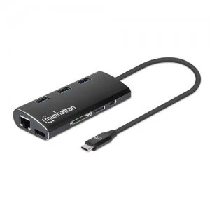 Image of Manhattan USB-C Dock/Hub with Card Reader - Ports (x6): Ethernet HDMI USB-A (x3) and USB-C With Power Delivery to USB-C Port Cable 30cm Aluminium Blac