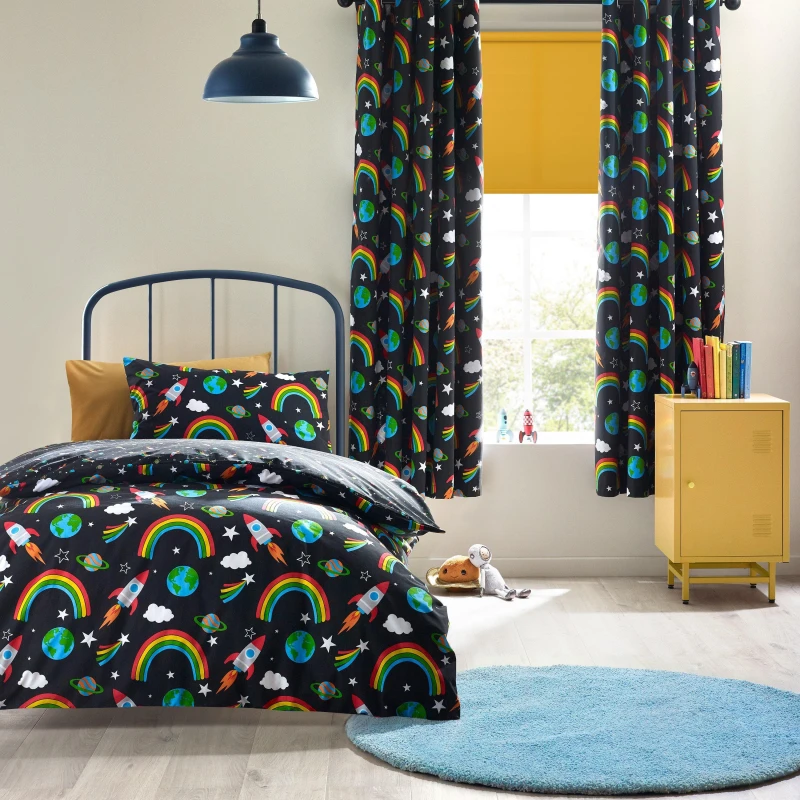 Image of Catherine Lansfield Rainbow Rockets Reversible Duvet Cover Set Black unisex Double