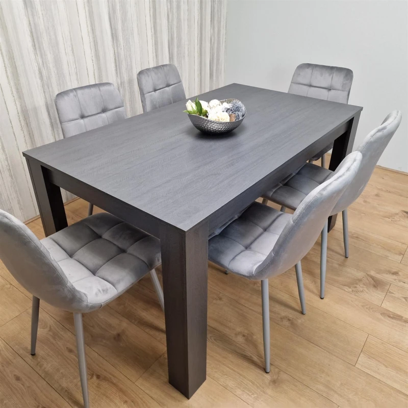 Image of KOSY KOALA Kosy Koala - Dining Table and 6 Chairs Black Dark Grey 6 Grey Velvet Chairs Wood Dining Set Furniture Arrow Charcoal 140 + 6 Grey Rocco