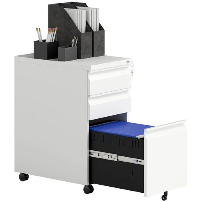 Image of Vinsetto Steel File Cabinet with Lock and Wheels for Home Office - White TJ Hughes 5063603024090