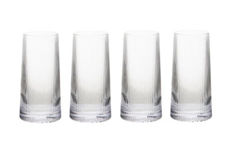 Image of Orsina Unique Set Of Four Ribbed Highball Glass Tumblers,clear Drinking Glass Set,modern Embossed Pattern Glasses