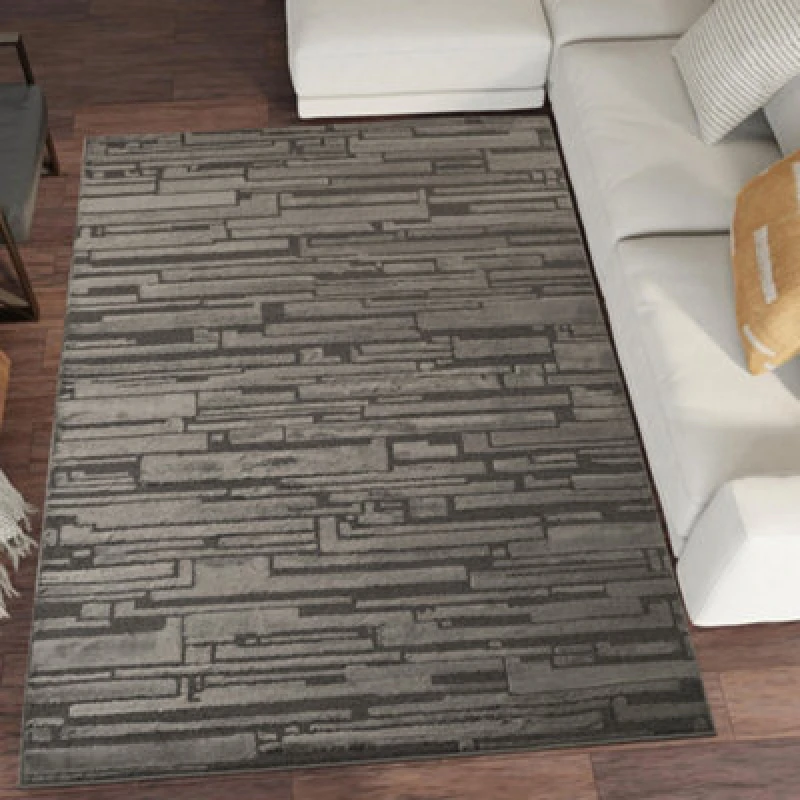 Image of Hamilton Modern Sheen Area Rug - Blocked Bold Geometric Design Dark Grey 80Cm X 150Cm