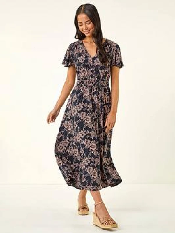 Image of Roman Womens Petite Floral Shirred Midi Dress in Navy Size: 14 Navy Female 14