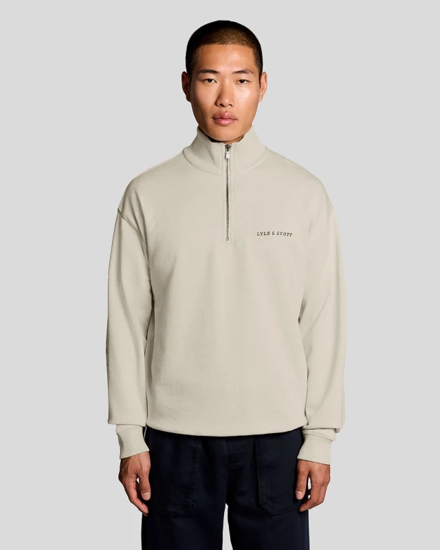 Image of Lyle & Scott Mens Heavyweight Script 1/4 Zip Sweatshirt in Beige