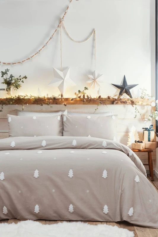 Image of Appletree 'Tufted Trees' 100% Cotton Festive Duvet Cover Set in Natural Size: King Natural Unisex King