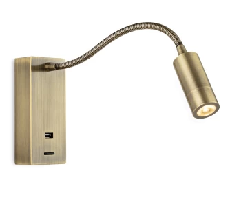 Image of Clifton LED Flexi Wall Reading Light & USB Antique Brass