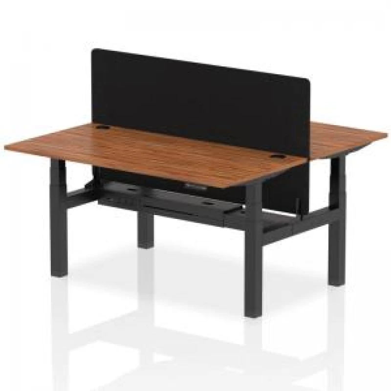 Image of Air Back - to - Back 1600 x 800mm Height Adjustable 2 Person Bench Office Desk Walnut Top - Cable Ports Black Frame - Black Straight Screen