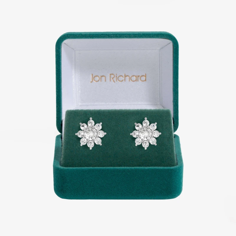 Image of Jon Richard Rhodium Plated Cubic Zirconia Crystal Flower Stud Earrings - Gift Boxed Silver