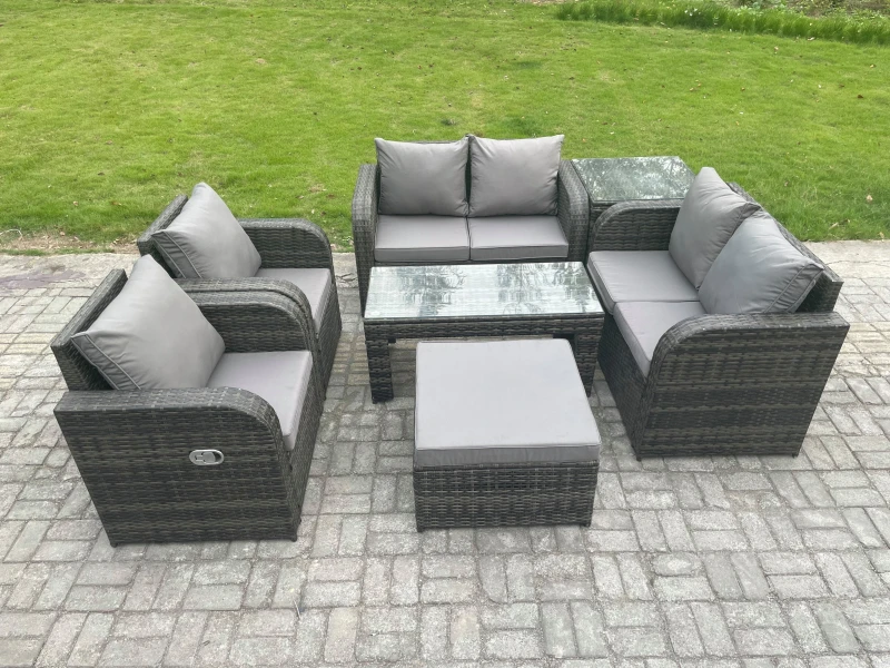 Image of Fimous Rattan Garden Furniture Set with Rectangular Coffee Table Side Table Big Footstool 7 Seater Patio Outdoor Lounge Sofa Set Dark Grey