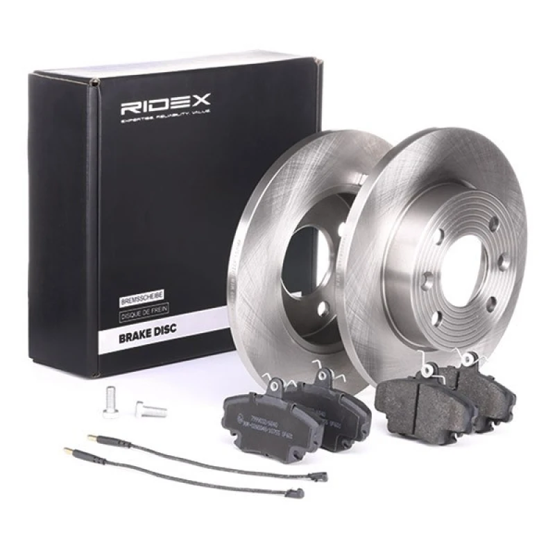 Image of RIDEX 3405B0095 Brake disc and pads set Front Axle, Brake Disc Type: Solid, incl. wear warning contact Brake Set,disc brakes (3405)