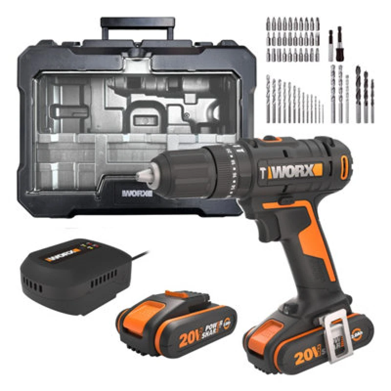 Image of Worx 20V Cordless Hammer Drill With 2X 2.0Ah Batteries And Charger Wx370.2