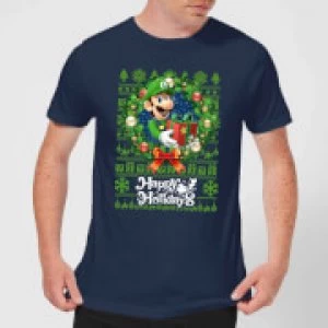 Image of Nintendo Super Mario Happy Holidays Luigi Mens Christmas T-Shirt - Navy - S