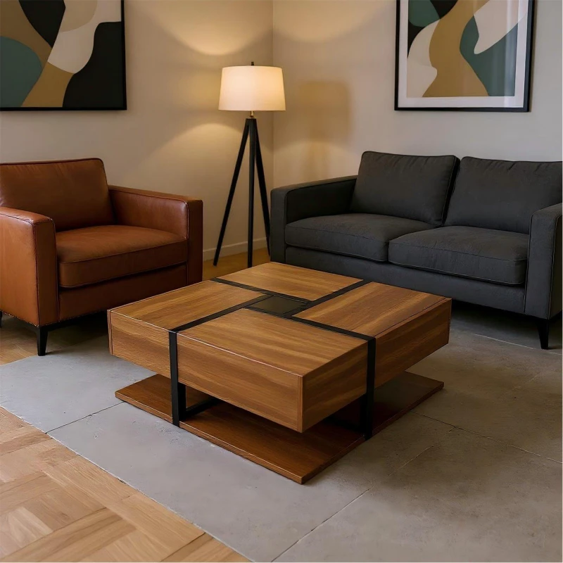 Image of Urban Meuble Square Coffee Table with Storage Drawers Brown unisex One Size